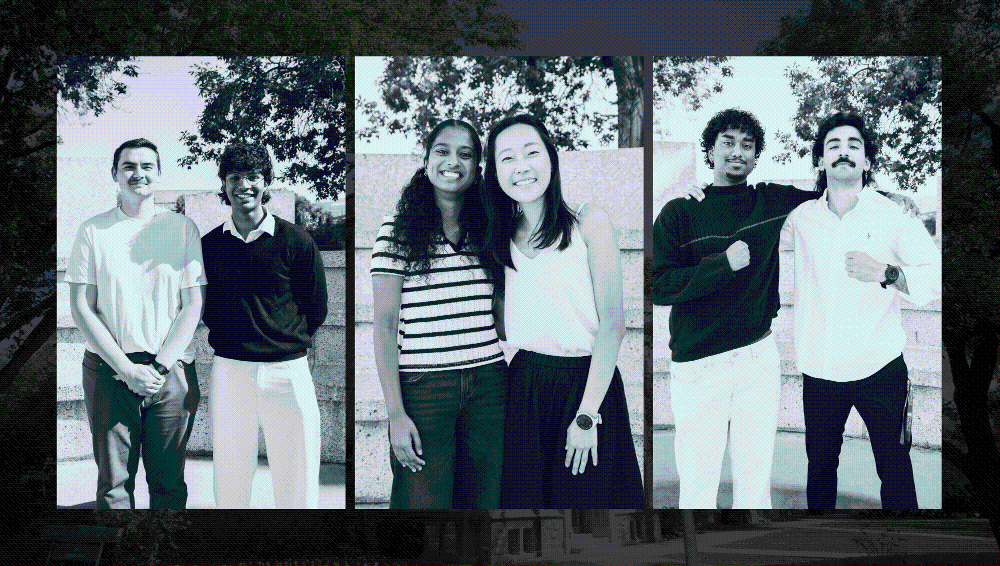 Three black-and-white portrait photographs displayed side by side, each showing two individuals standing outdoors on campus.