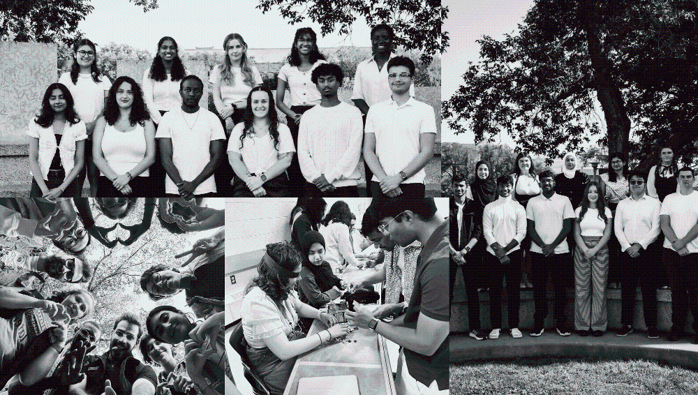 Black-and-white photo collage showing Residence Assistant team members participating in group photos and a collaborative activity.