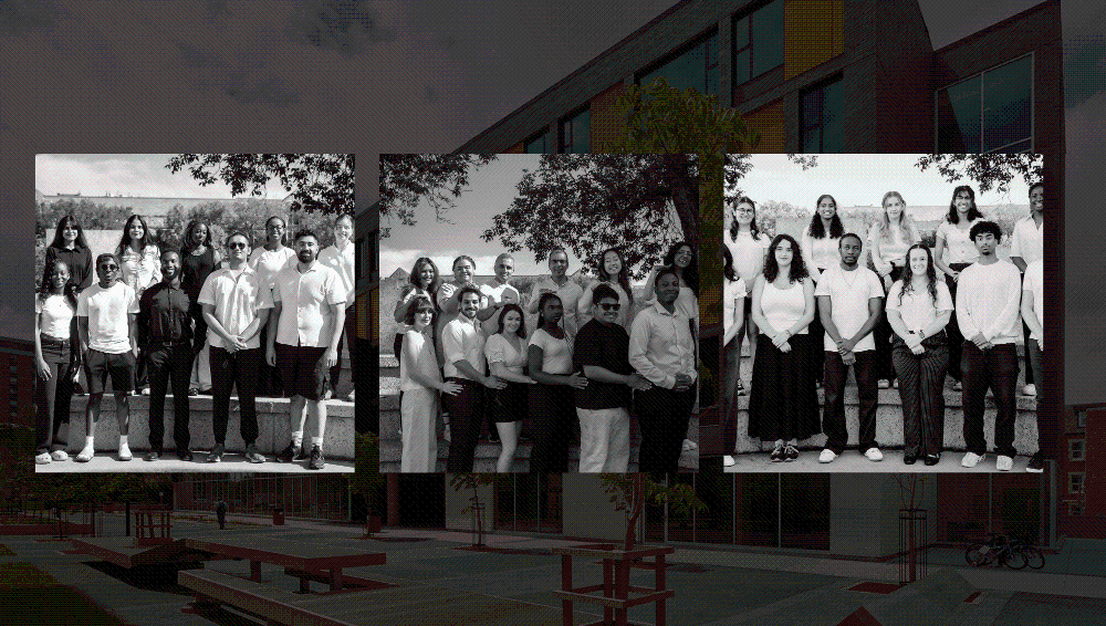 Three black-and-white group photographs of student staff members displayed side by side in front of a residence building.