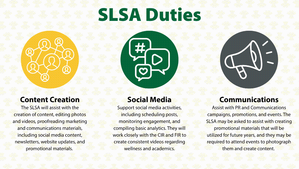 Infographic titled “SLSA Duties” highlighting three primary responsibilities: Content Creation, Social Media, and Communications.